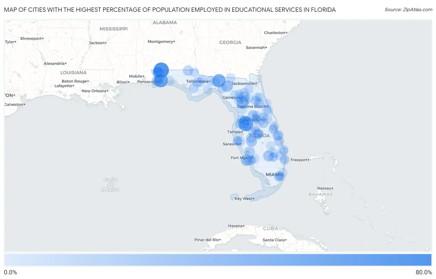 Cities with the Highest Percentage of Population Employed in Educational Services in Florida Map