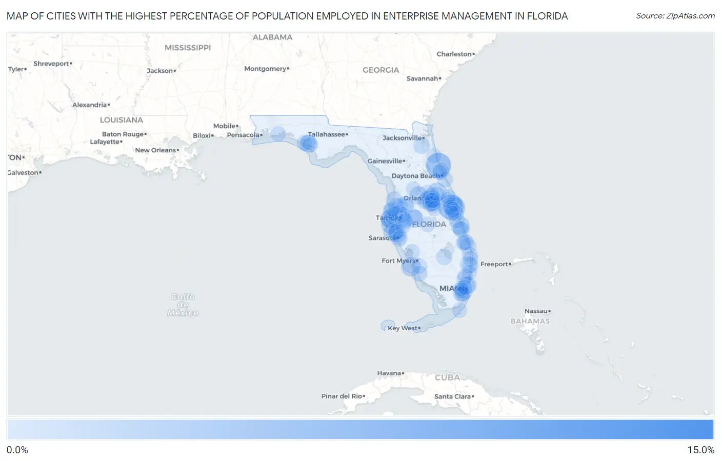 Cities with the Highest Percentage of Population Employed in Enterprise Management in Florida Map