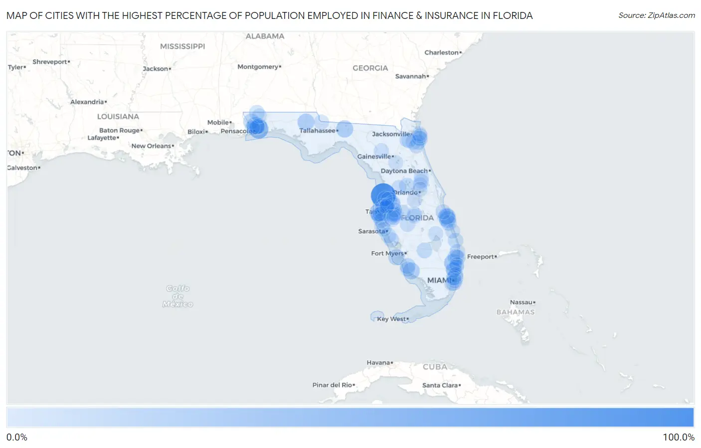 Cities with the Highest Percentage of Population Employed in Finance & Insurance in Florida Map