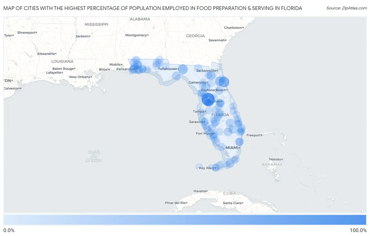 Cities with the Highest Percentage of Population Employed in Food Preparation & Serving in Florida Map