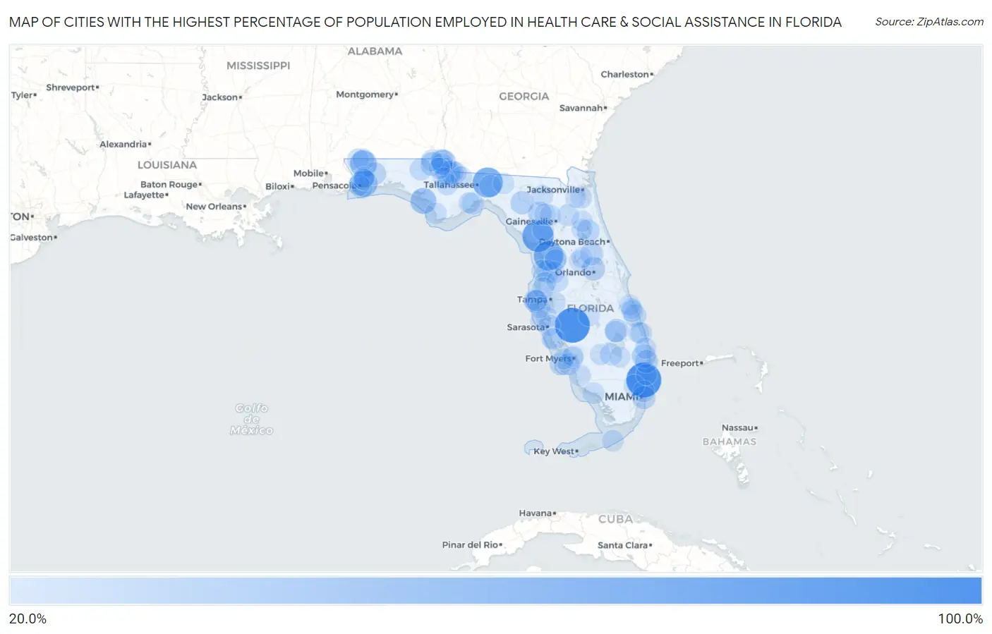 Cities with the Highest Percentage of Population Employed in Health Care & Social Assistance in Florida Map