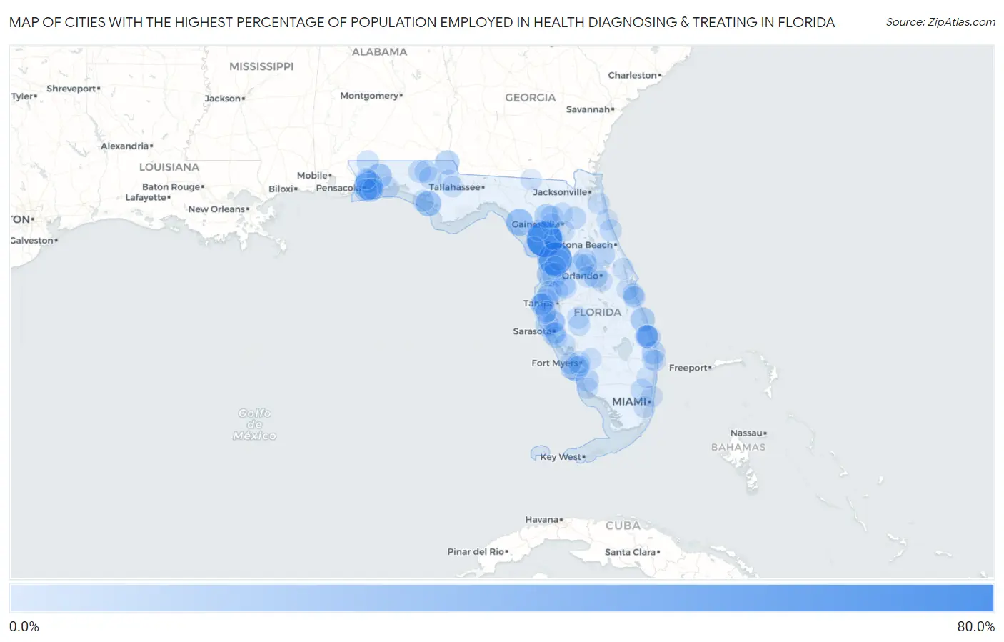 Cities with the Highest Percentage of Population Employed in Health Diagnosing & Treating in Florida Map