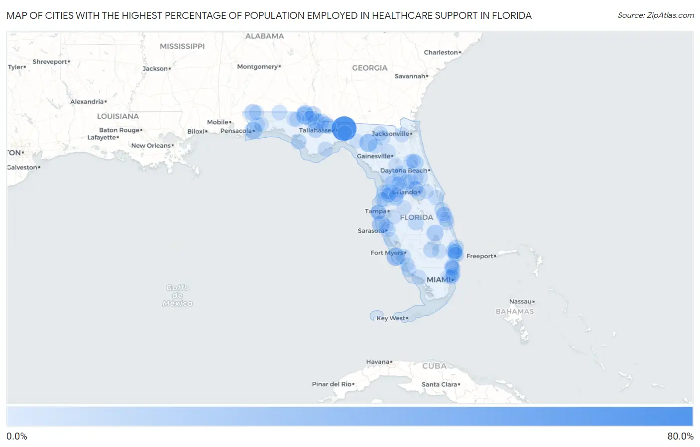 Cities with the Highest Percentage of Population Employed in Healthcare Support in Florida Map