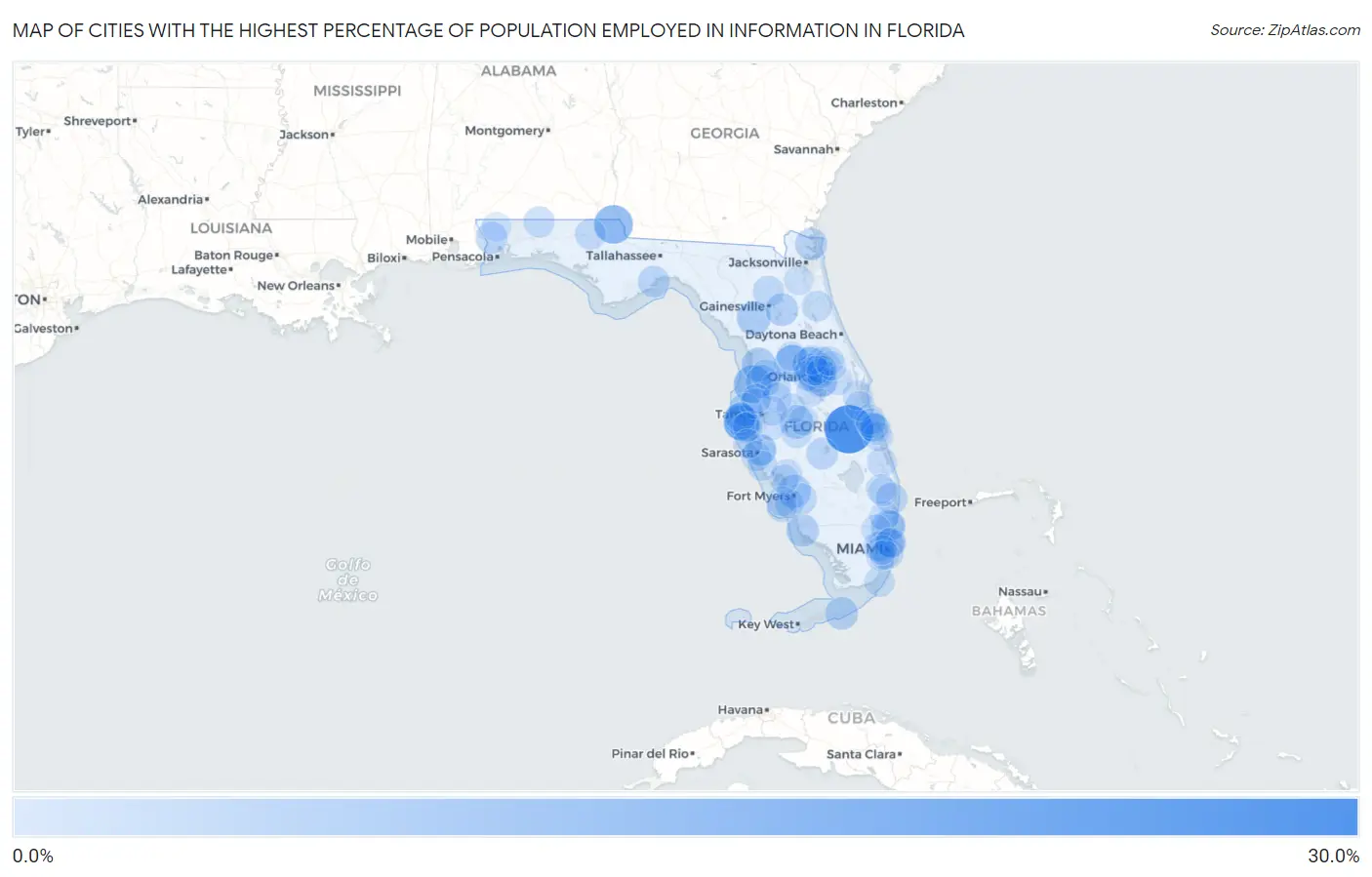 Cities with the Highest Percentage of Population Employed in Information in Florida Map