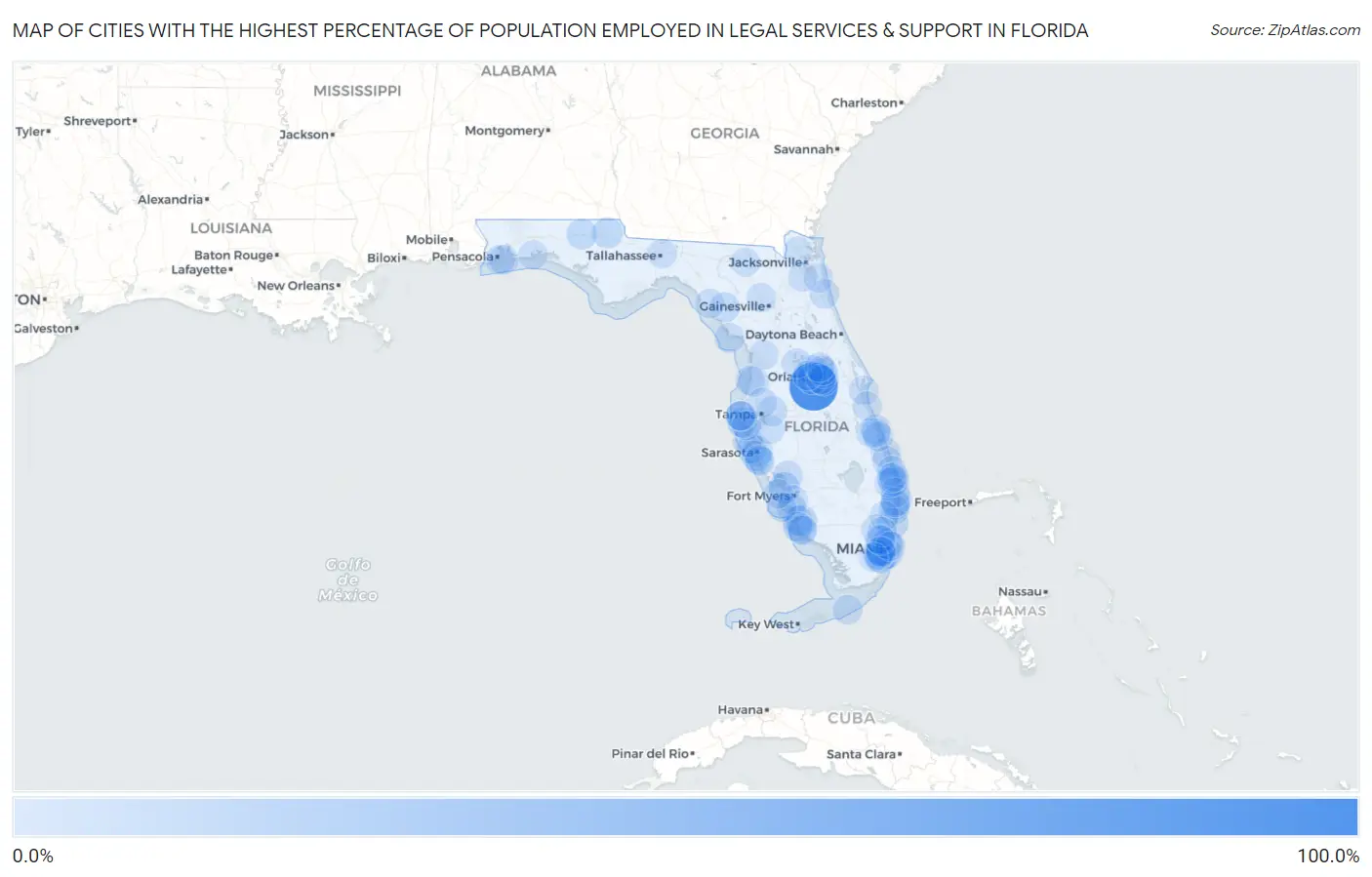 Cities with the Highest Percentage of Population Employed in Legal Services & Support in Florida Map