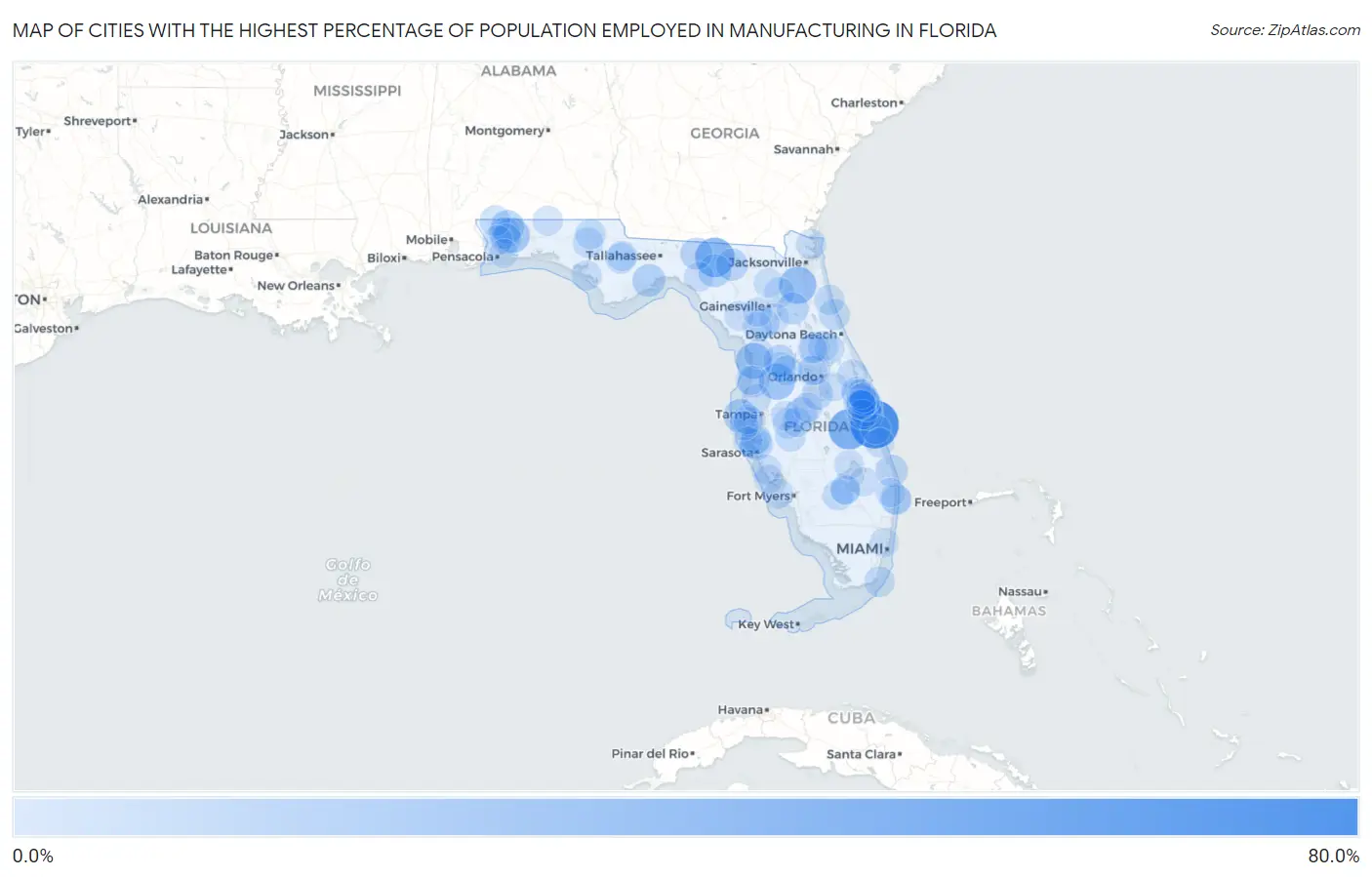 Cities with the Highest Percentage of Population Employed in Manufacturing in Florida Map