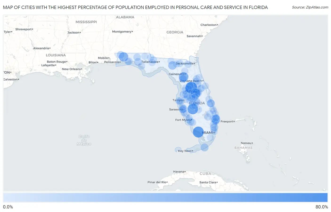 Cities with the Highest Percentage of Population Employed in Personal Care and Service in Florida Map