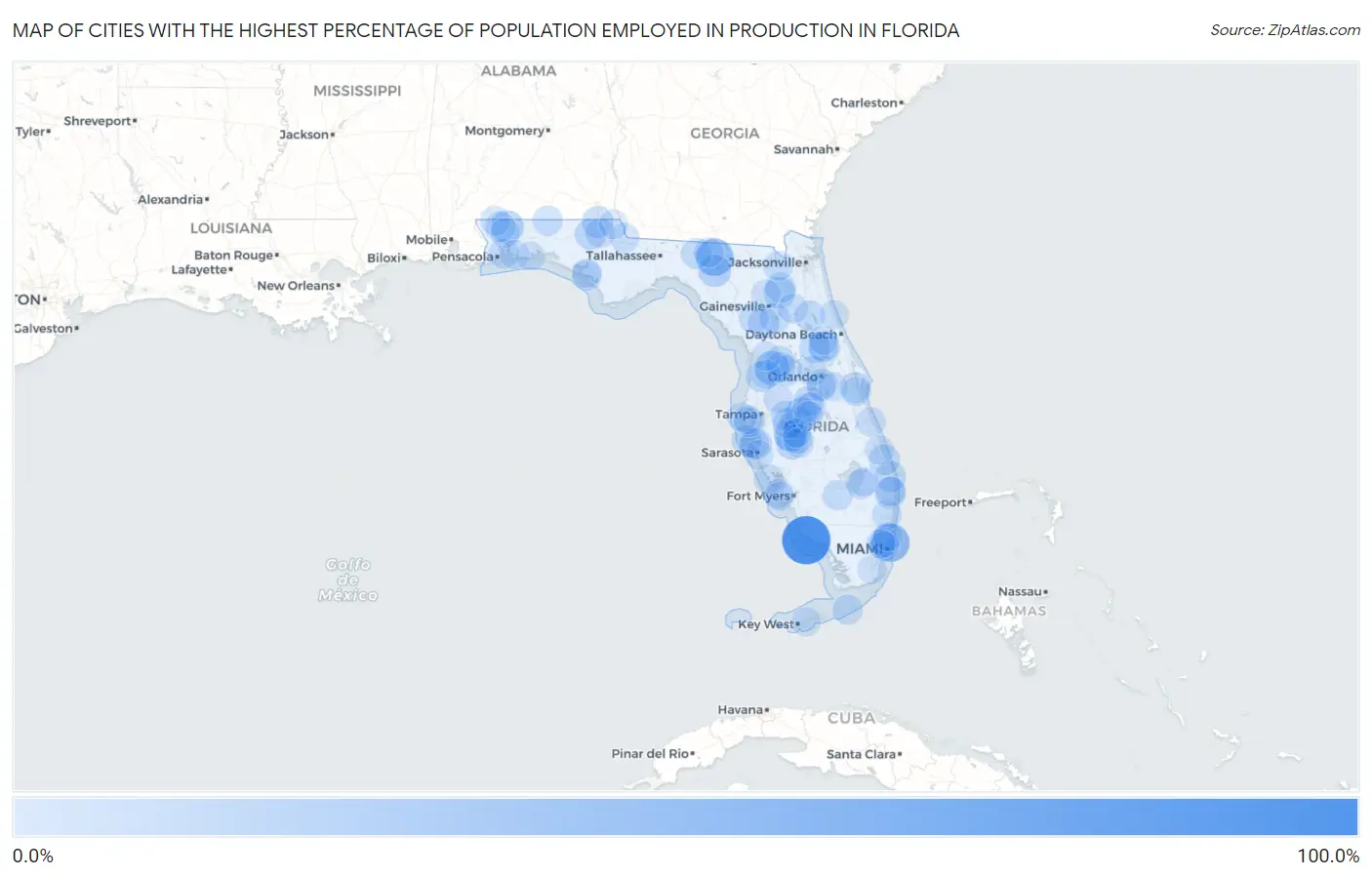 Cities with the Highest Percentage of Population Employed in Production in Florida Map