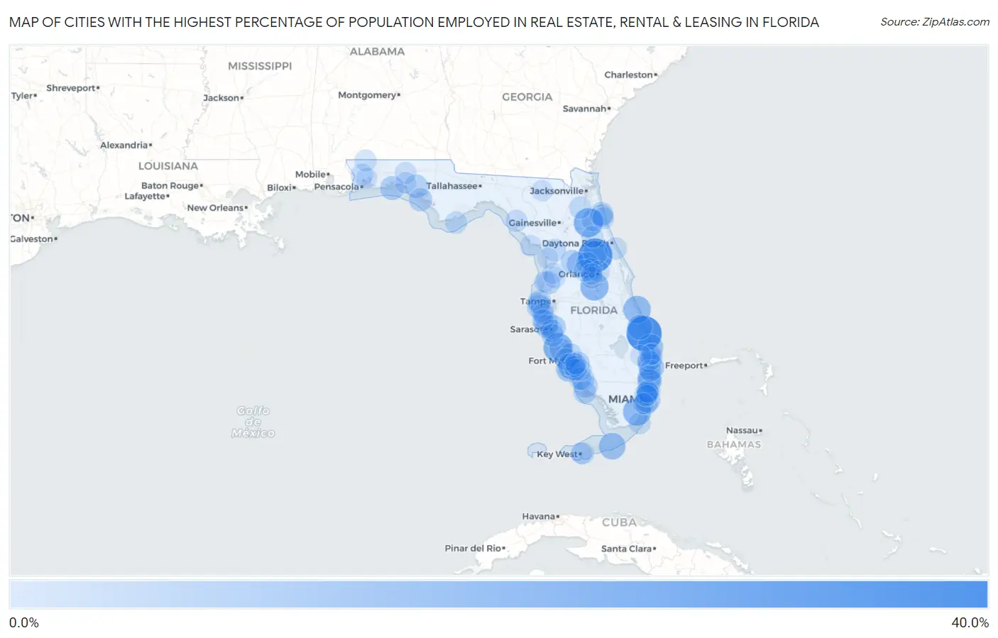 Cities with the Highest Percentage of Population Employed in Real Estate, Rental & Leasing in Florida Map