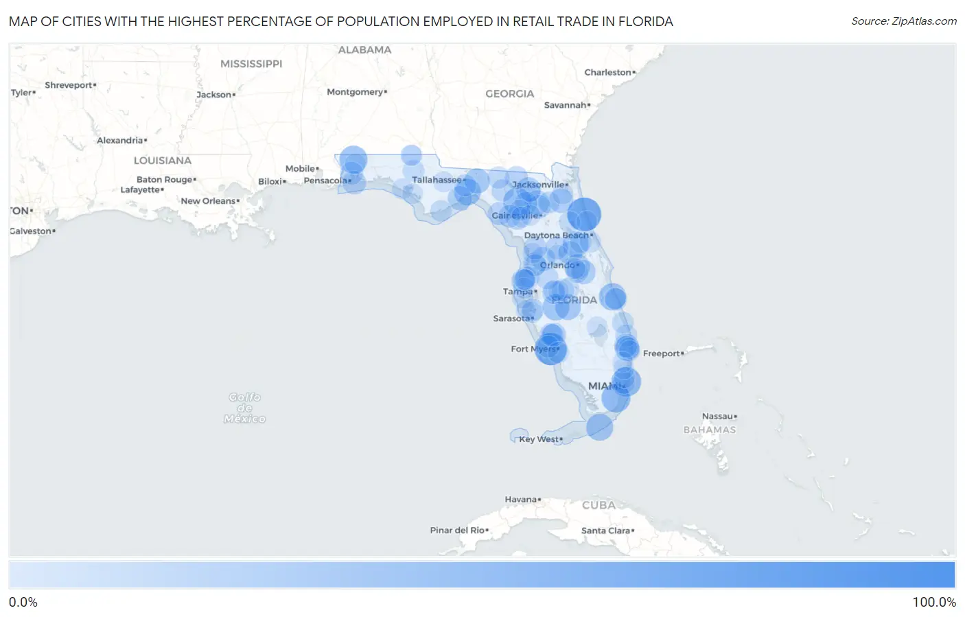 Cities with the Highest Percentage of Population Employed in Retail Trade in Florida Map