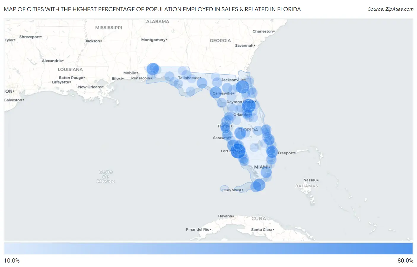 Cities with the Highest Percentage of Population Employed in Sales & Related in Florida Map