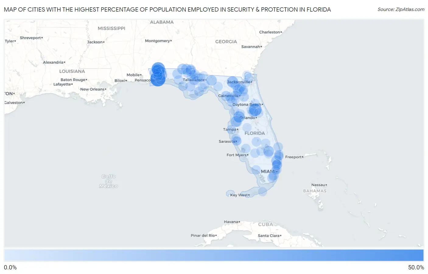 Cities with the Highest Percentage of Population Employed in Security & Protection in Florida Map