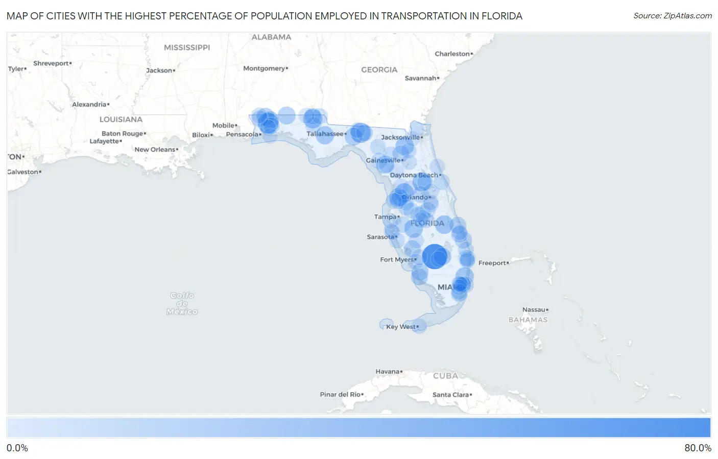 Cities with the Highest Percentage of Population Employed in Transportation in Florida Map