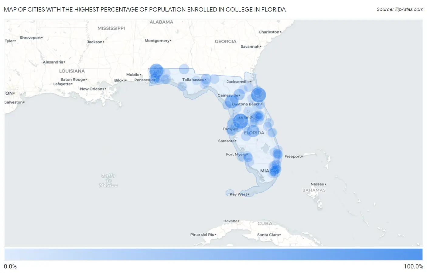 Cities with the Highest Percentage of Population Enrolled in College in Florida Map