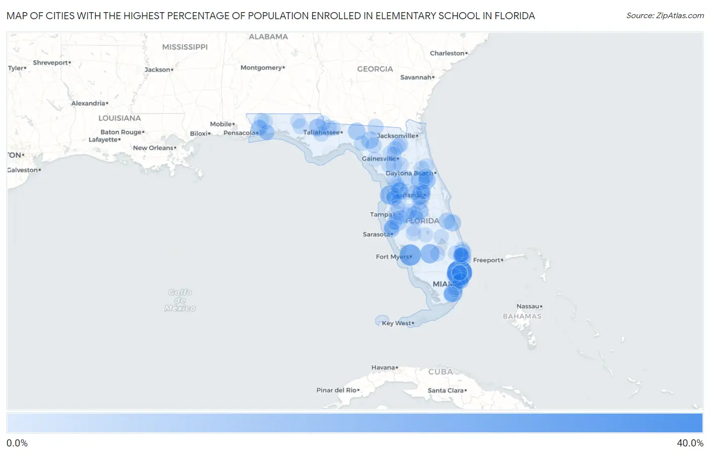 Cities with the Highest Percentage of Population Enrolled in Elementary School in Florida Map