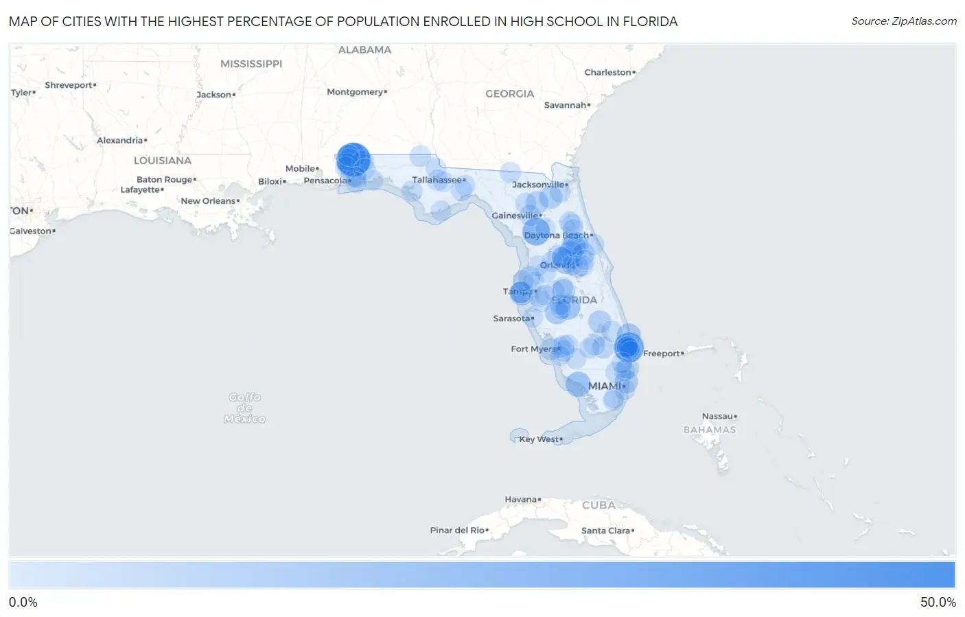 Cities with the Highest Percentage of Population Enrolled in High School in Florida Map