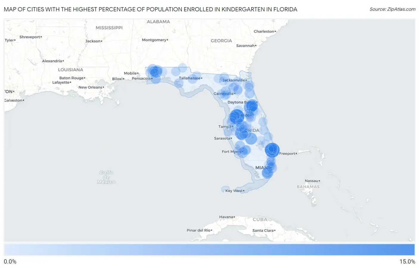 Cities with the Highest Percentage of Population Enrolled in Kindergarten in Florida Map