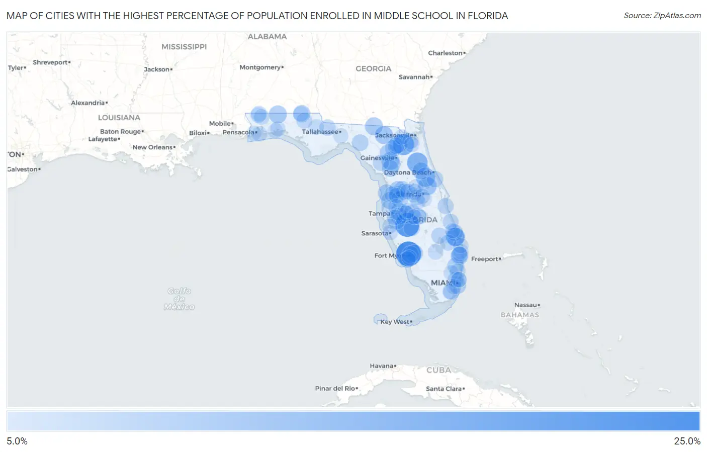 Cities with the Highest Percentage of Population Enrolled in Middle School in Florida Map