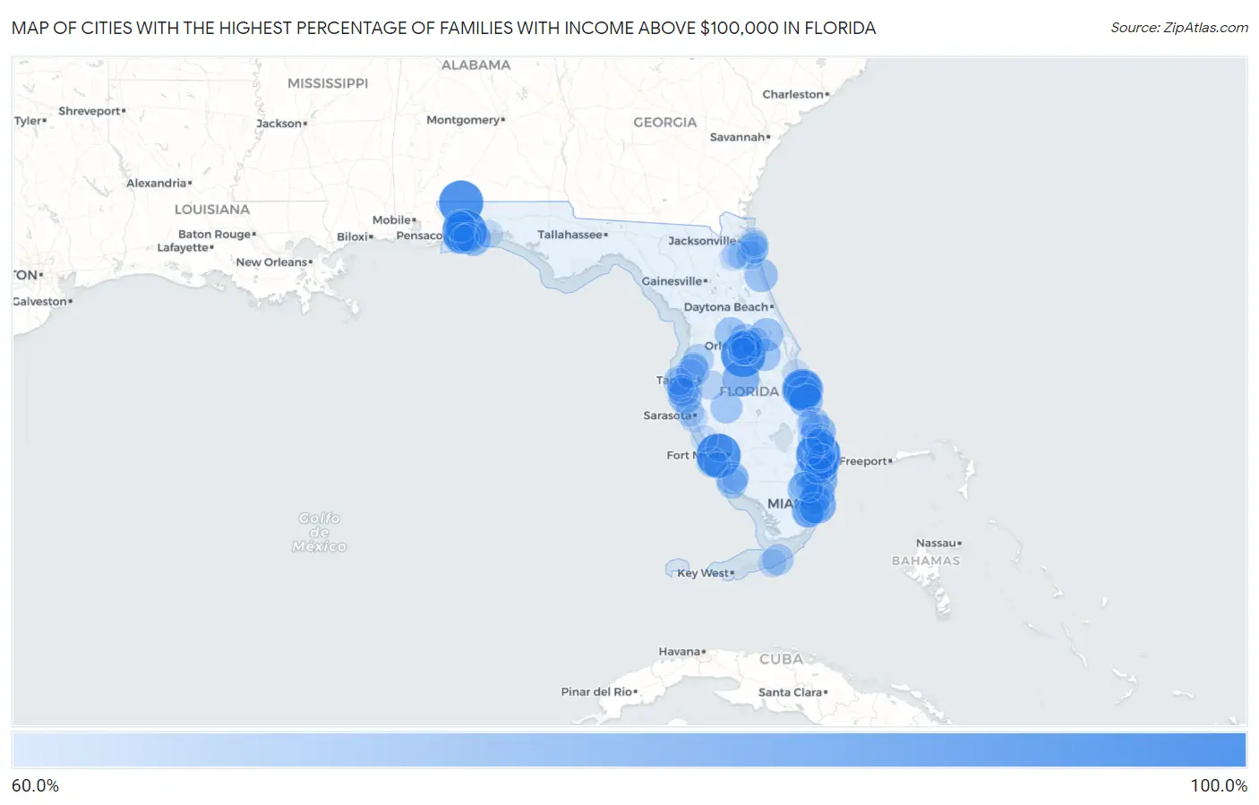 Cities with the Highest Percentage of Families with Income Above $100,000 in Florida Map