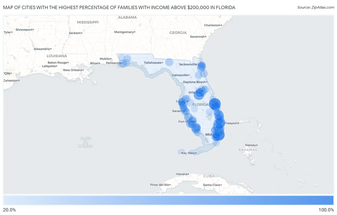 Cities with the Highest Percentage of Families with Income Above $200,000 in Florida Map