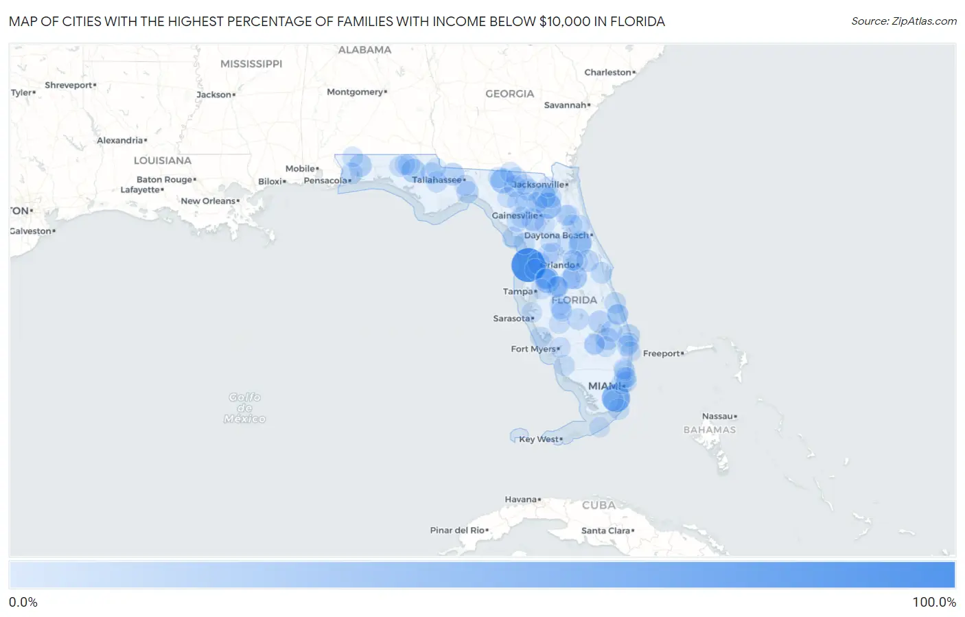 Cities with the Highest Percentage of Families with Income Below $10,000 in Florida Map