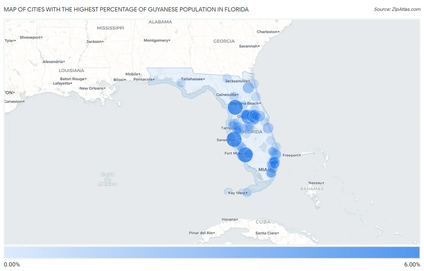 Cities with the Highest Percentage of Guyanese Population in Florida Map