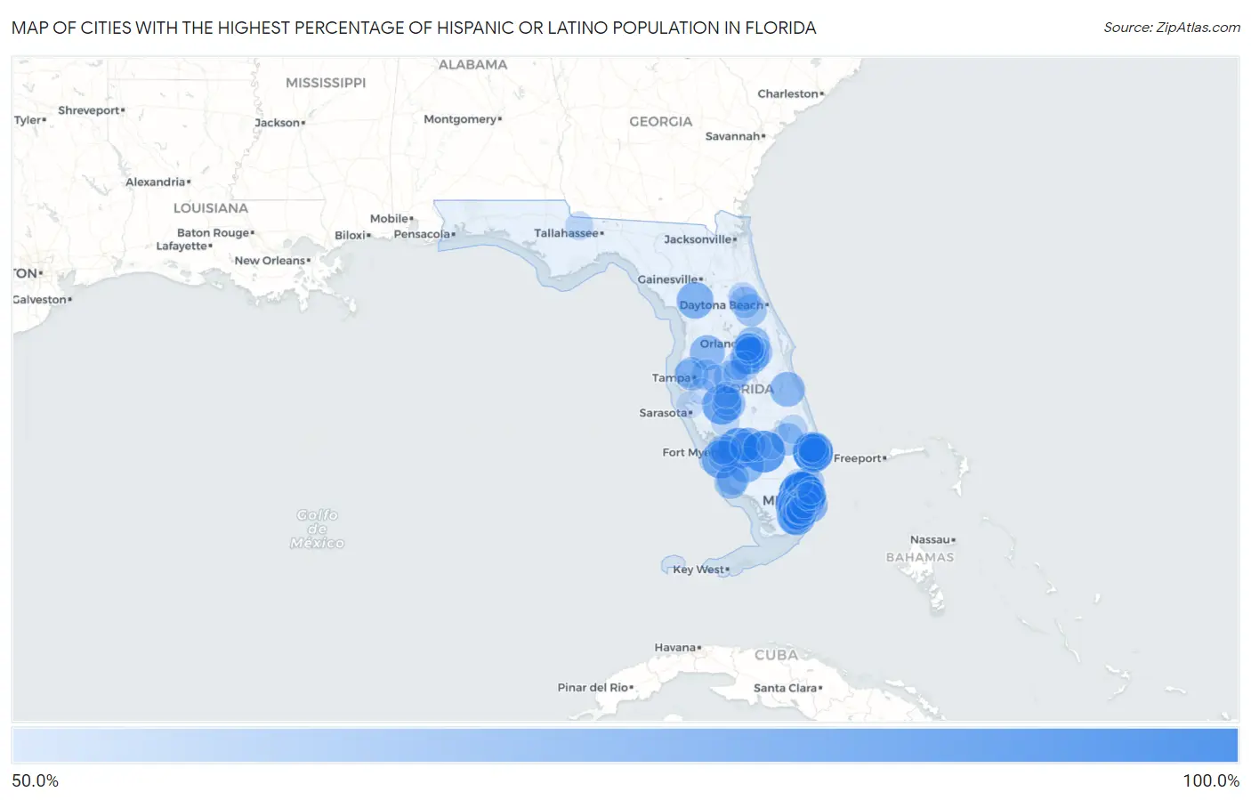 Cities with the Highest Percentage of Hispanic or Latino Population in Florida Map