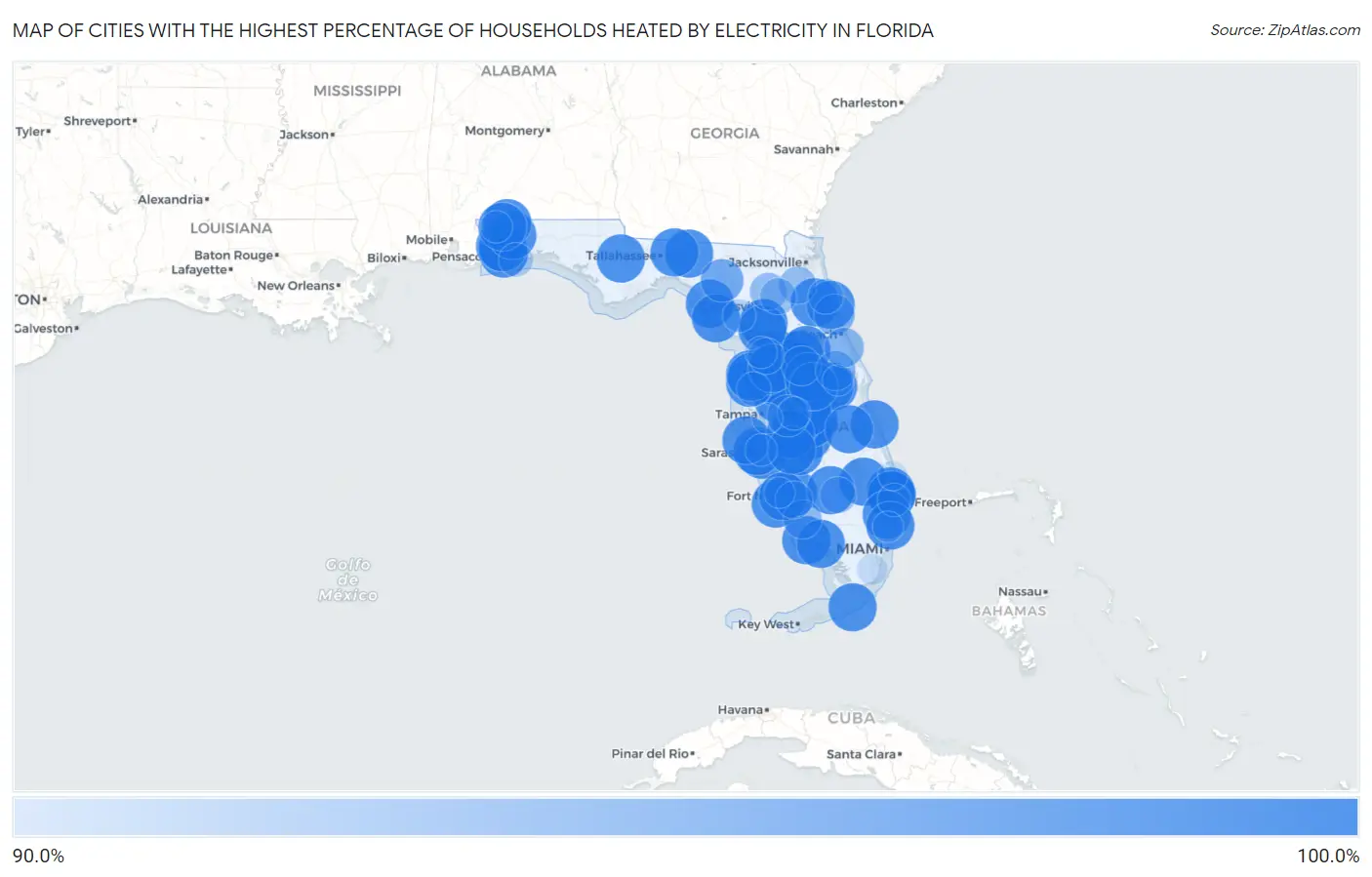 Cities with the Highest Percentage of Households Heated by Electricity in Florida Map