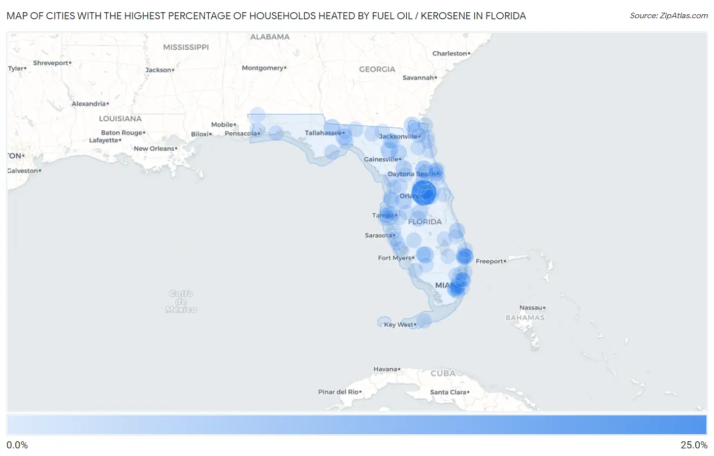 Cities with the Highest Percentage of Households Heated by Fuel Oil / Kerosene in Florida Map