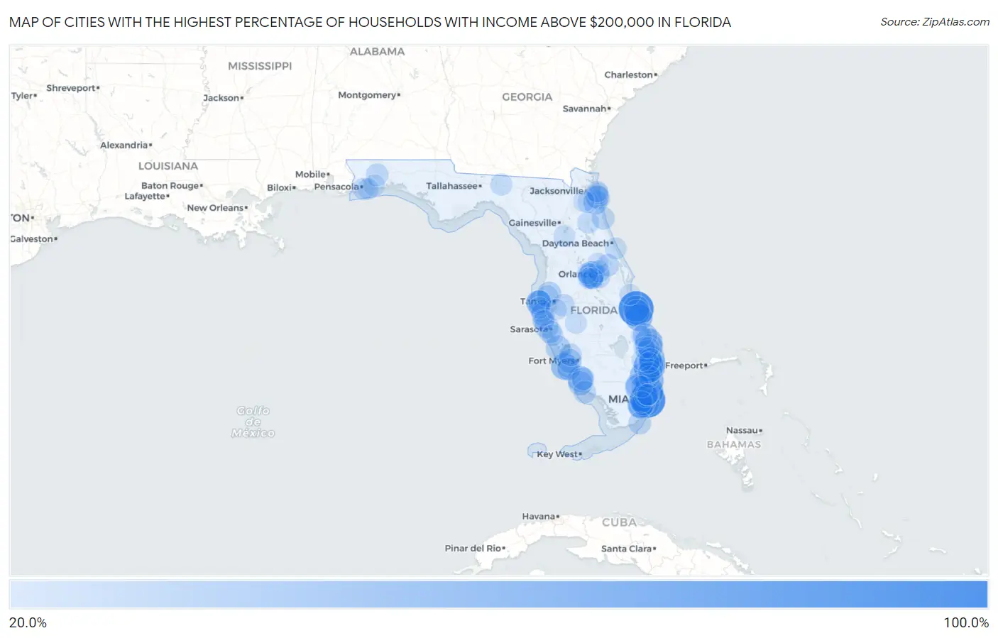 Cities with the Highest Percentage of Households with Income Above $200,000 in Florida Map