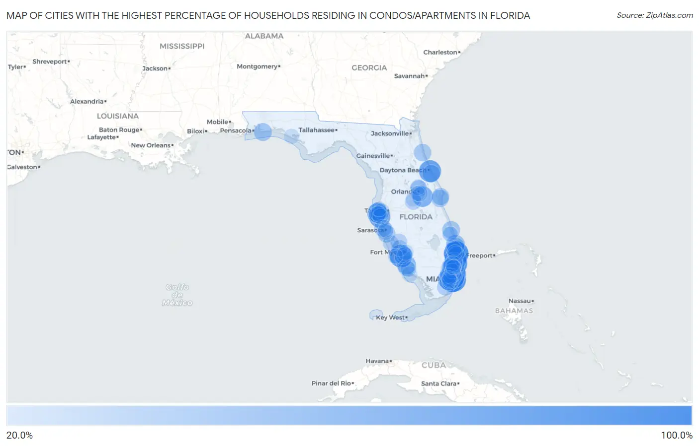 Cities with the Highest Percentage of Households Residing in Condos/Apartments in Florida Map