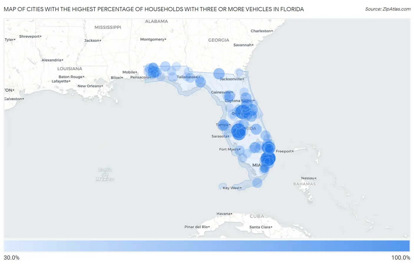 Cities with the Highest Percentage of Households With Three or more Vehicles in Florida Map