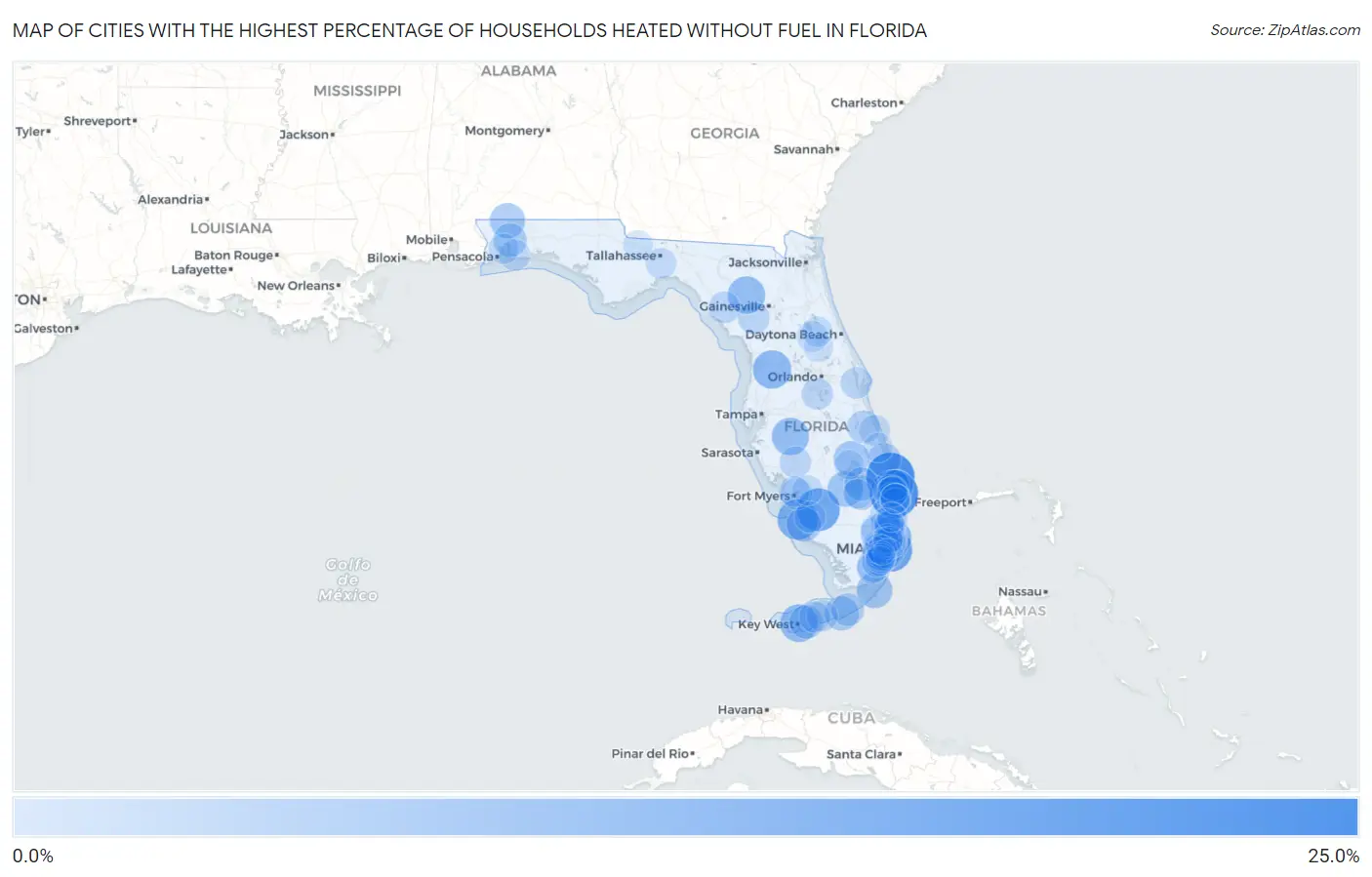 Cities with the Highest Percentage of Households Heated without Fuel in Florida Map