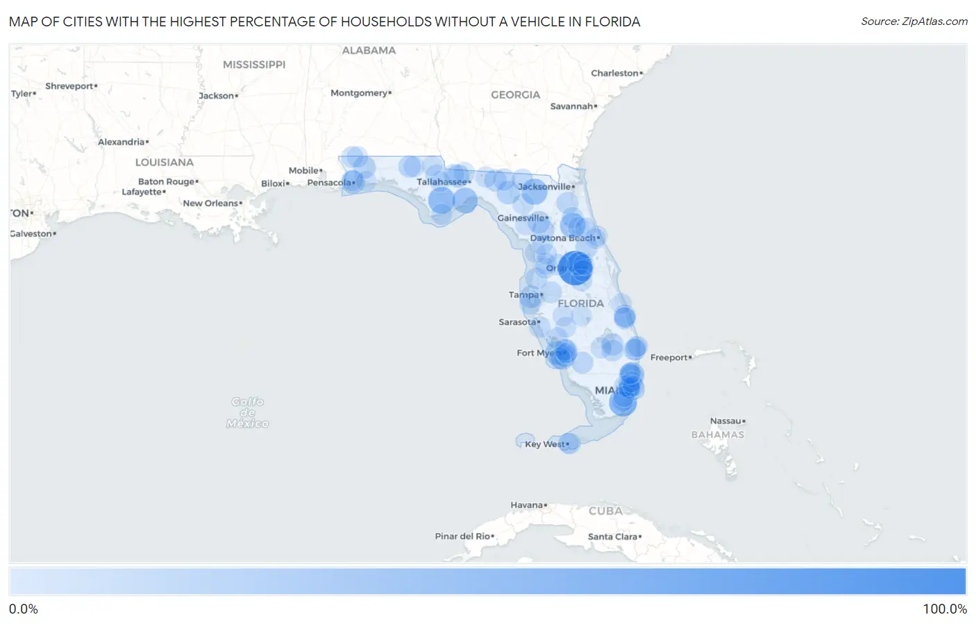 Cities with the Highest Percentage of Households Without a Vehicle in Florida Map
