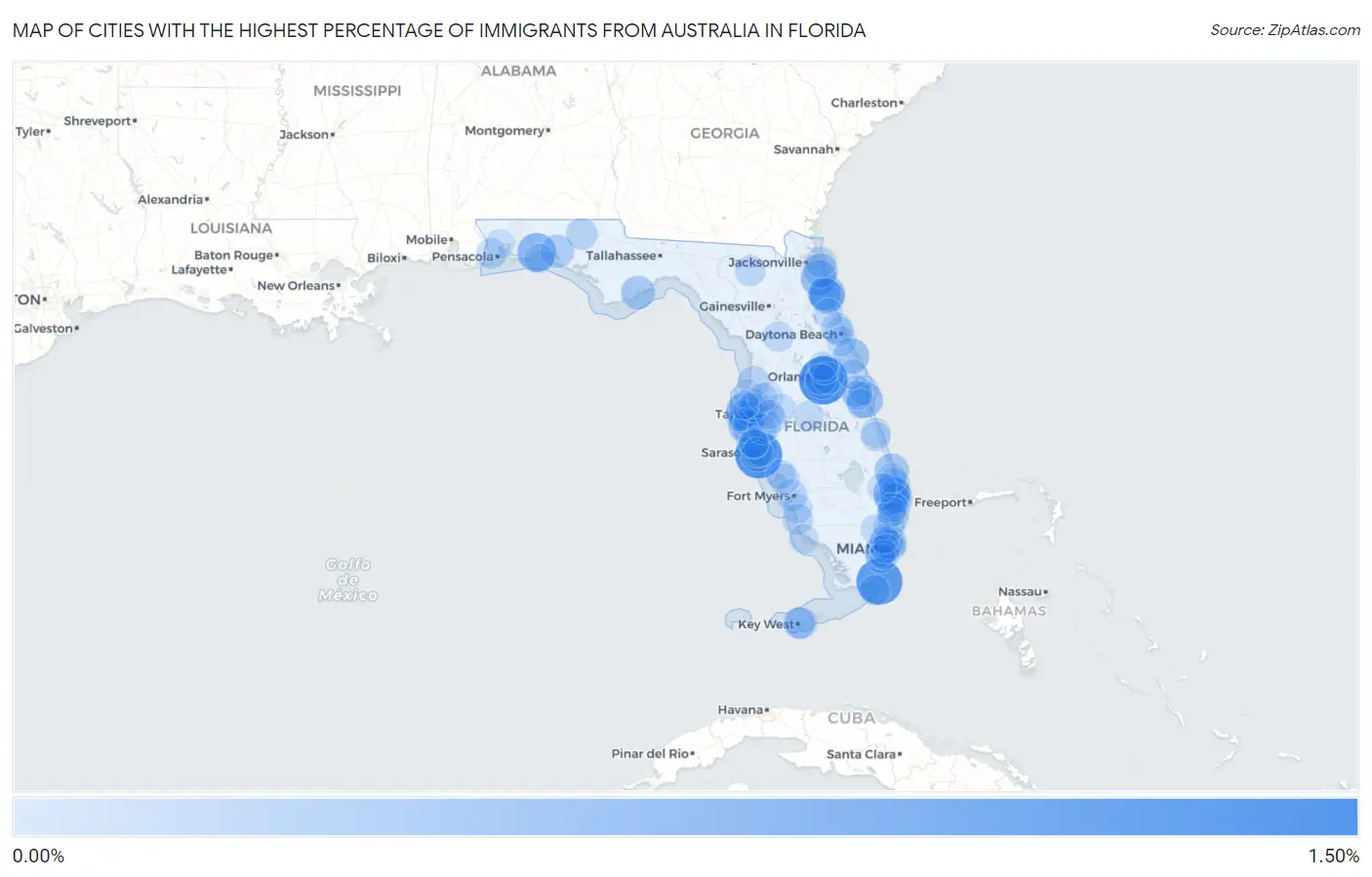 Cities with the Highest Percentage of Immigrants from Australia in Florida Map