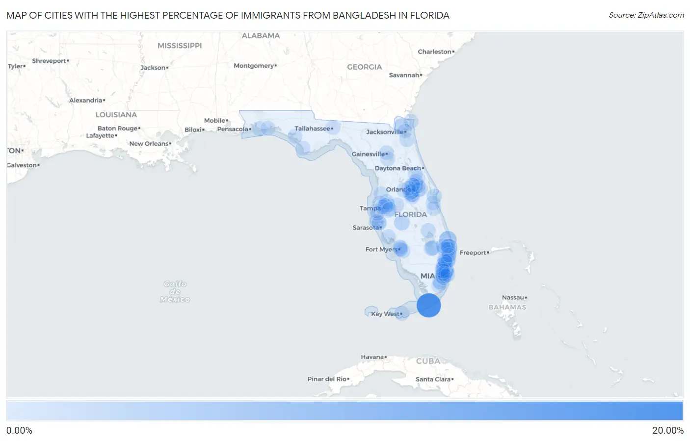 Cities with the Highest Percentage of Immigrants from Bangladesh in Florida Map