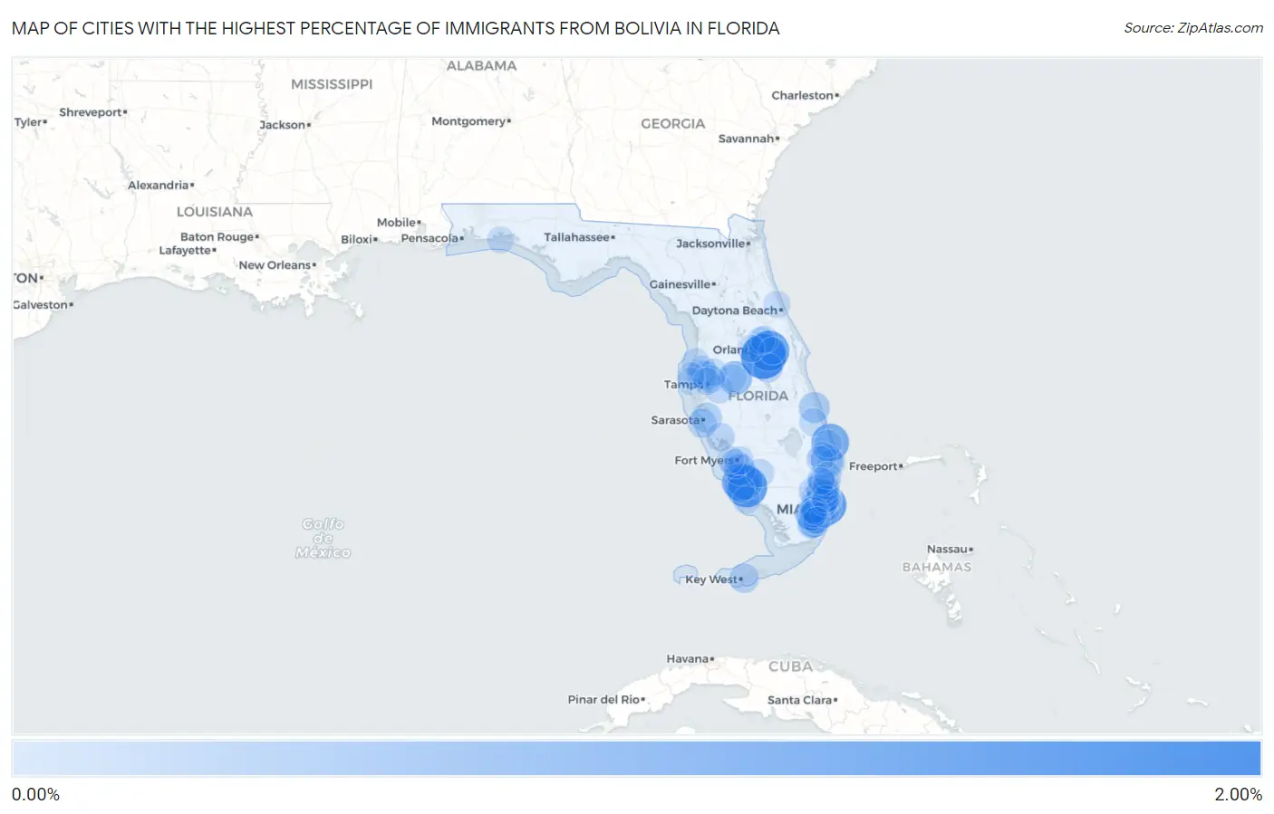 Cities with the Highest Percentage of Immigrants from Bolivia in Florida Map
