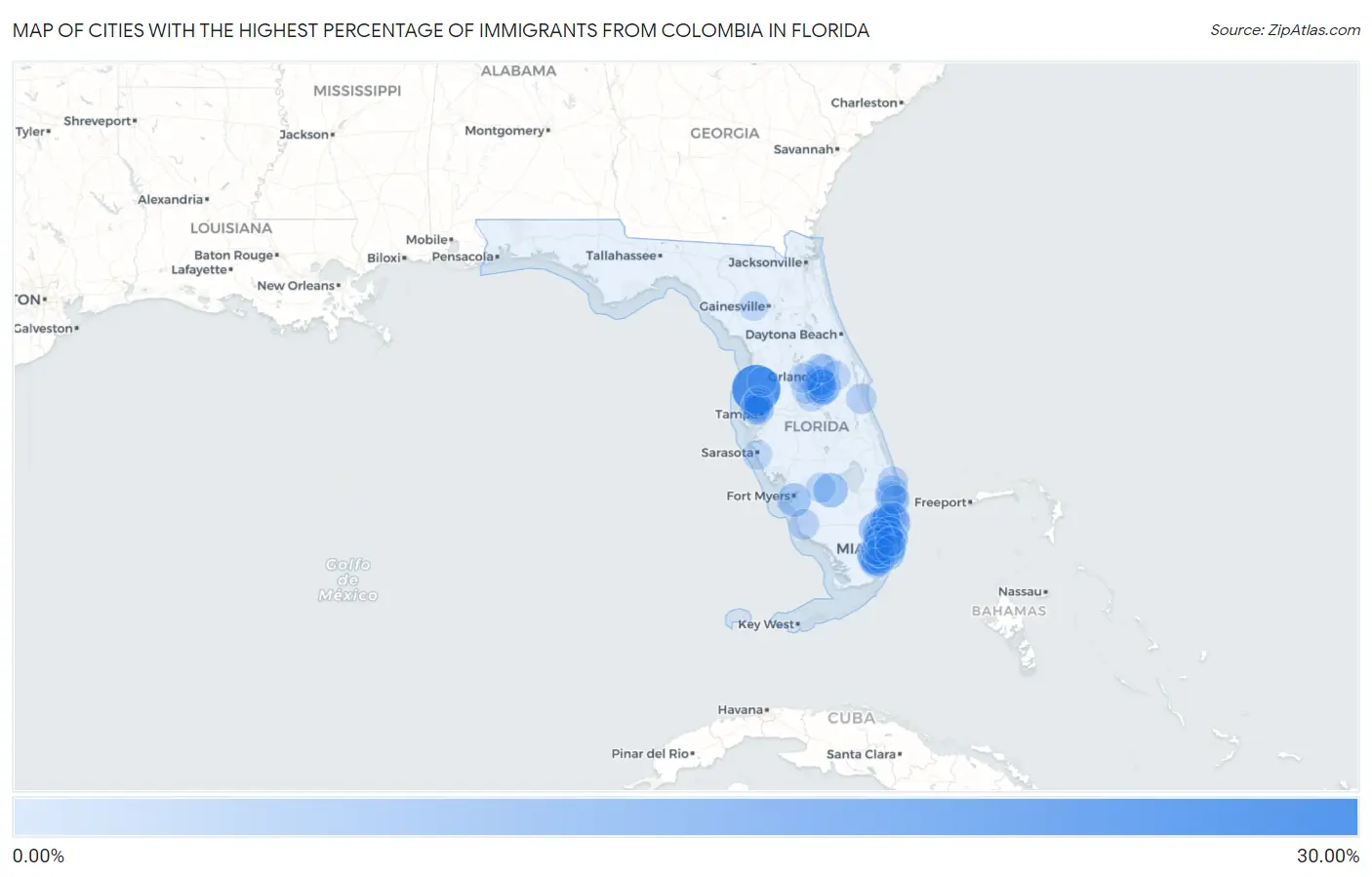 Cities with the Highest Percentage of Immigrants from Colombia in Florida Map