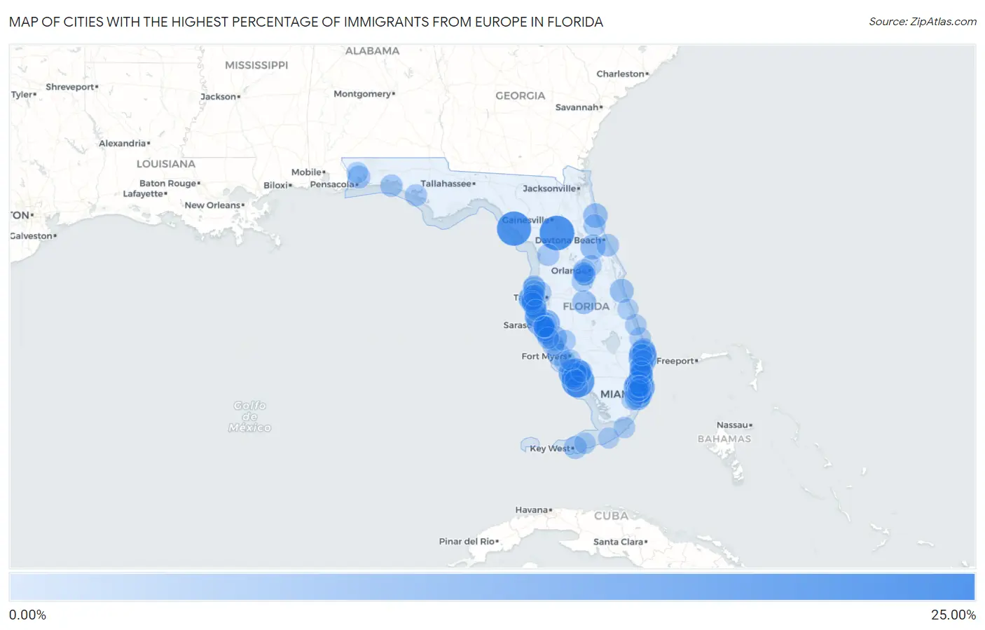 Cities with the Highest Percentage of Immigrants from Europe in Florida Map