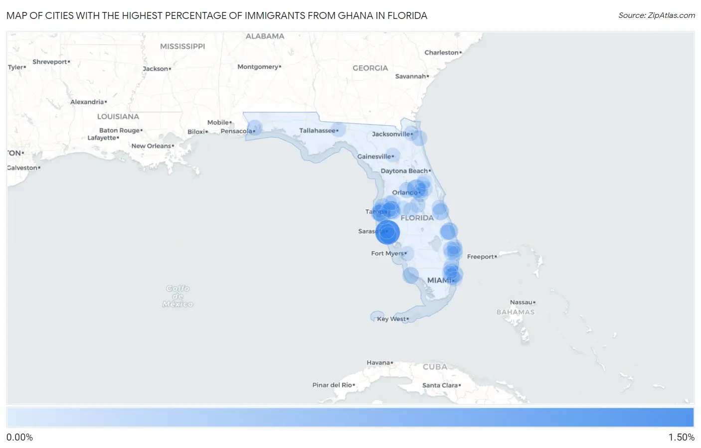 Cities with the Highest Percentage of Immigrants from Ghana in Florida Map