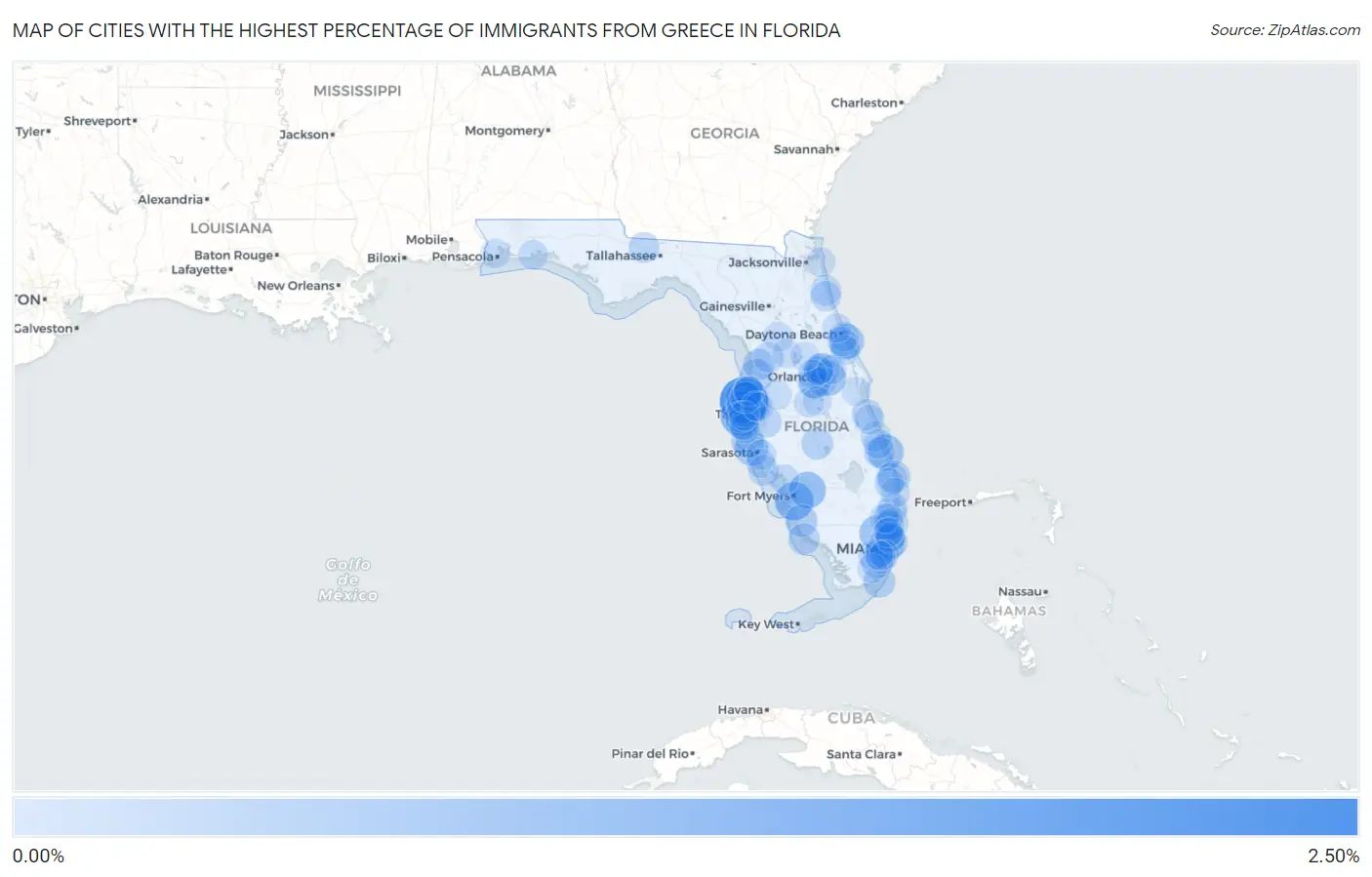 Cities with the Highest Percentage of Immigrants from Greece in Florida Map