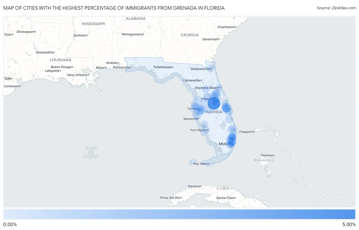 Cities with the Highest Percentage of Immigrants from Grenada in Florida Map
