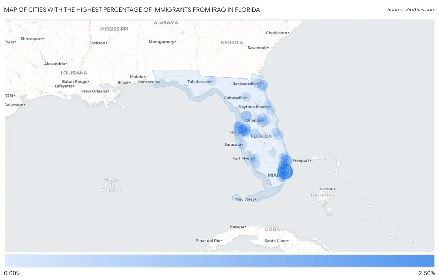 Cities with the Highest Percentage of Immigrants from Iraq in Florida Map