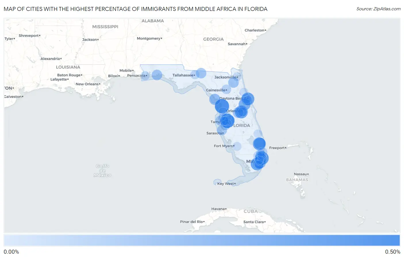 Cities with the Highest Percentage of Immigrants from Middle Africa in Florida Map