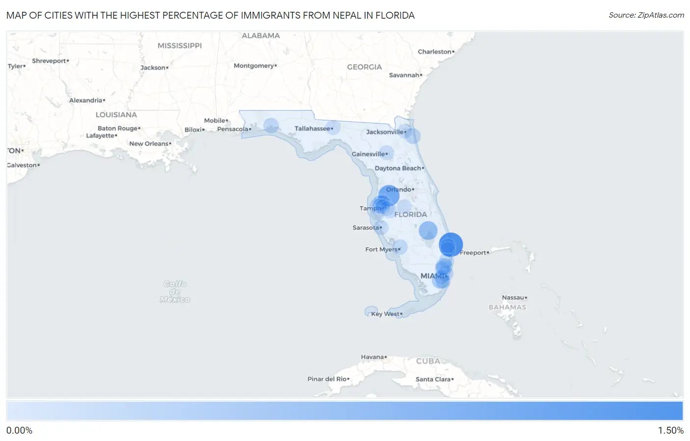 Cities with the Highest Percentage of Immigrants from Nepal in Florida Map