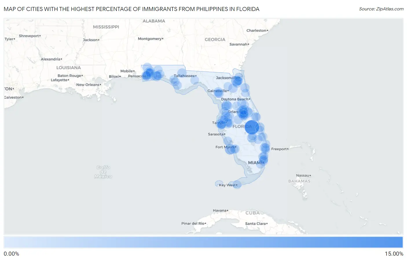 Cities with the Highest Percentage of Immigrants from Philippines in Florida Map
