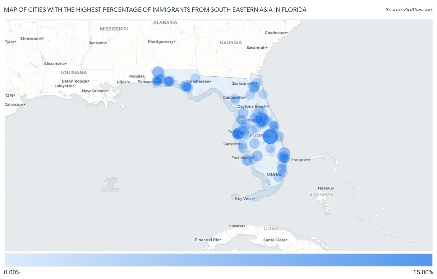 Cities with the Highest Percentage of Immigrants from South Eastern Asia in Florida Map