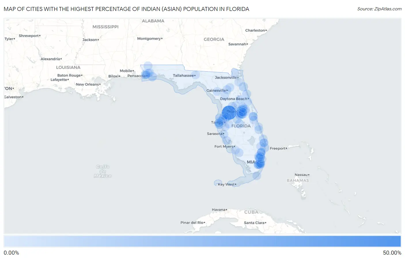 Cities with the Highest Percentage of Indian (Asian) Population in Florida Map