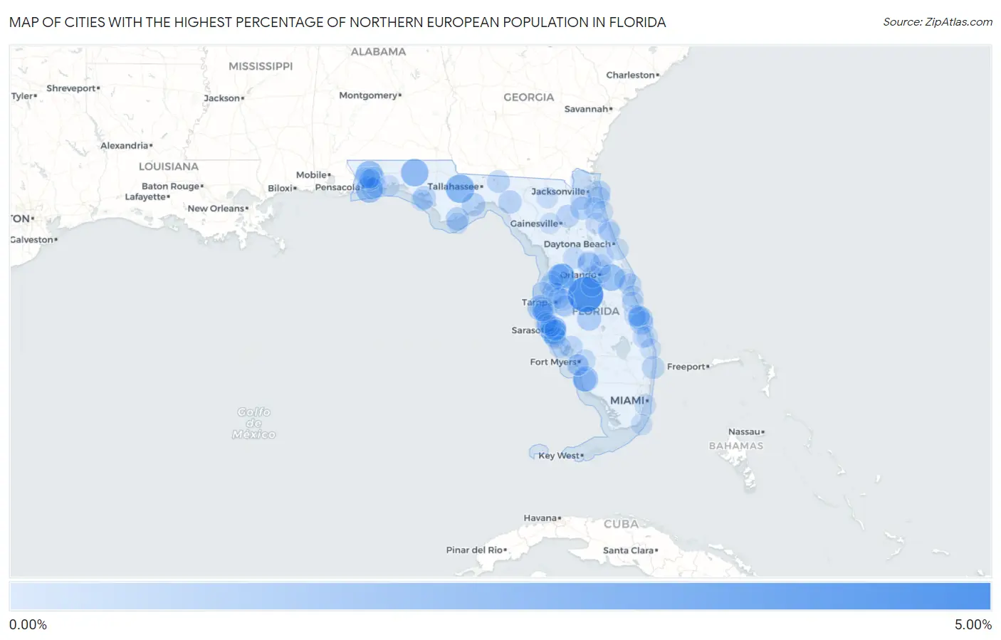 Cities with the Highest Percentage of Northern European Population in Florida Map