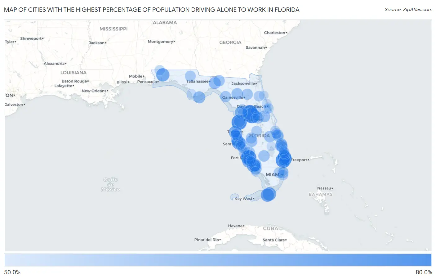 Cities with the Highest Percentage of Population Driving Alone to Work in Florida Map